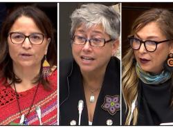 Three photos of three women speaking into microphones in a meeting.