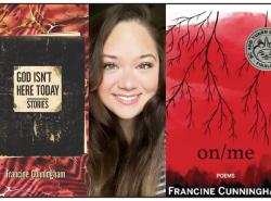 Three photos. In the middle is a smiling young woman, the author. She has long flowing brunette hair. To the left and right of her are two book covers. At left is God Isn't Here Today Stories. It's got a red and black background of swirls, and over that is what looks like a old black student school notebook. At right is the book cover for on/me. It's got a blood red background with black tree branches. In the corner is a seal which states BC and Yukon Book Prizes Finalist.