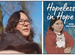 Two photos: At left a woman outdoors with trees behind her. At right is the cover of a book. On it a young girl in a red hoodie holds a cat.