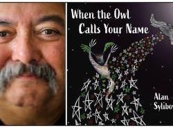 Two photos: At left is a close up of a man's face. He has a mustache. At right is a book cover with a black sky. Illustration of a flow of stars rush toward an owl. A spirit figure seems to be carried along by the stars.