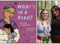 Two photos: At left is the book cover. An illustration of an Elder woman in a flowery scarf wrapped around her shoulders hugs a young girl. At right are two women standing outside among the trees, the author and the illustrator.