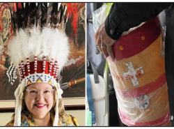 Two photos: A smiling national chief wears her headdress with pride in the photo on the left. The headdress in a case is put in a plastic bag by Air Canada staff to be stowed in the underbelly of the plane.