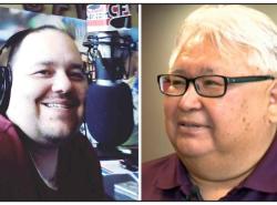 Two photos: At left a man sits at a microphone in a radio station booth. At right is a man wearing glasses looking left.