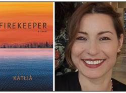 Two photos: At left is the cover of the novel Firekeeper. At the bottom is a body of water, rippling. In the distance is a line of trees and mountains behind a haze. At the top is an orange sky. The photo at right is of a smiling woman.