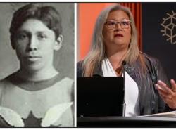 Two photos: At left is a black and white photo of a young man wearing a runners jersey. At right is a woman speaking at a lectern.