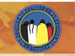 The medicine wheel colours-black, white, yellow and red-are worn in an illuatration of four people standing with their backs to us.