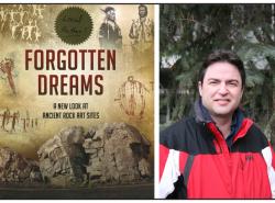 At left is a book cover featuring images of pictographs. At right a man in a red jacket stands in front of a spruce tree.