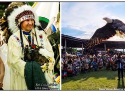 Two photos of an eagle, before release in the arms of a chief in buckskin and a headdress and at right the eagle in the air flying through the powwow arbour.