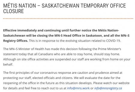 Metis Nations-Saskatchewan Office Closure: March 16