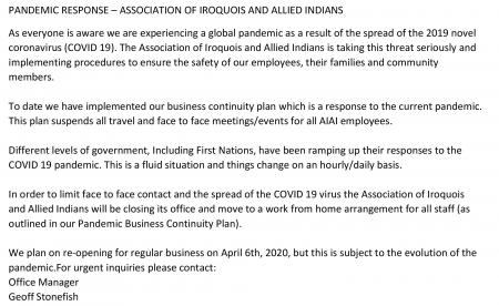 PANDEMIC RESPONSE – ASSOCIATION OF IROQUOIS AND ALLIED INDIANS