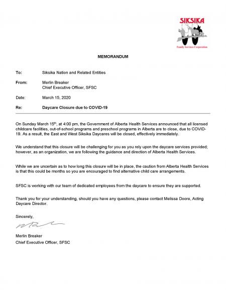 Siksika Day Cares closed: March 15 notice
