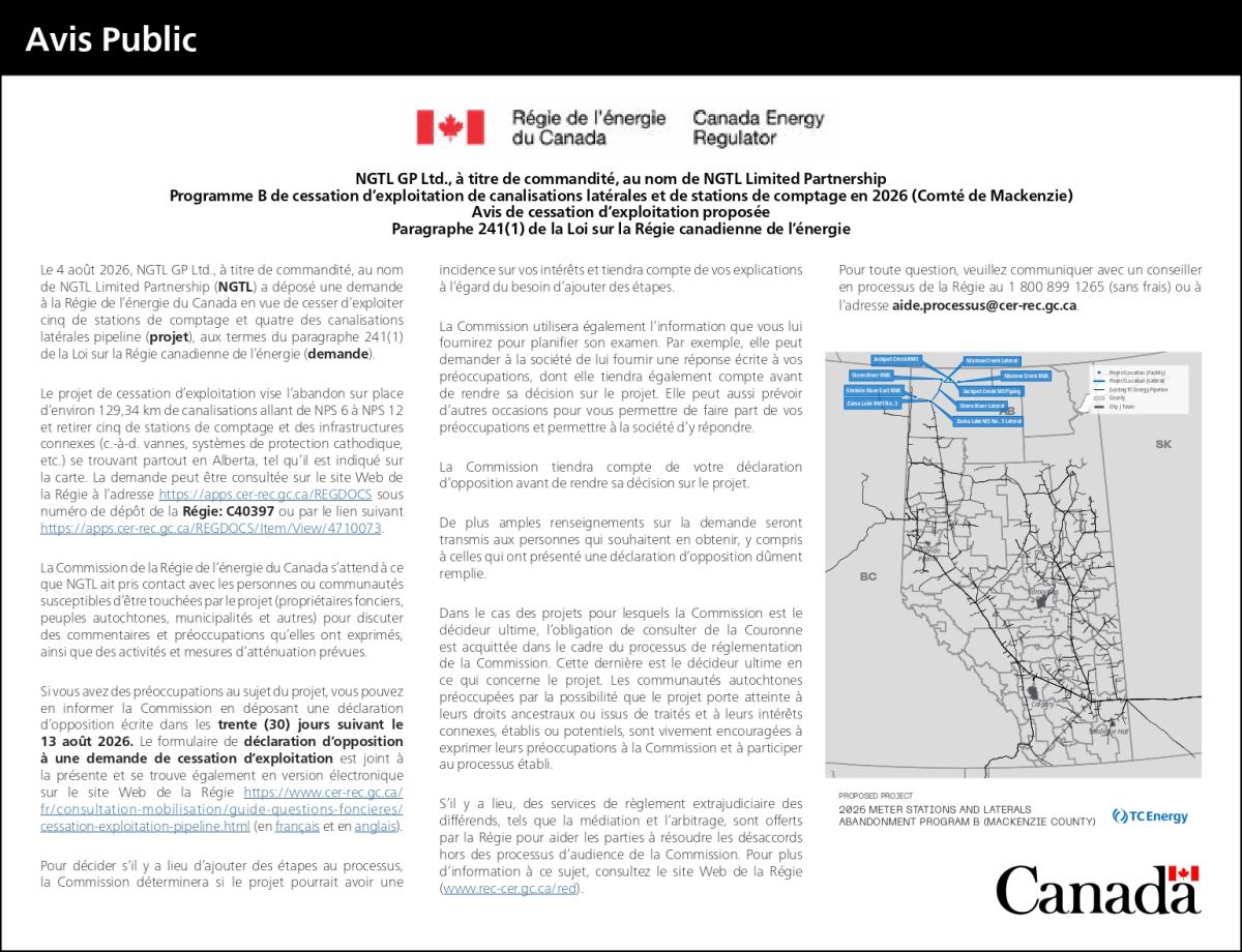 Programme B de cessation d’exploitation de canalisations latérales et de stations de comptage en 2026 (Comté de Mackenzie)